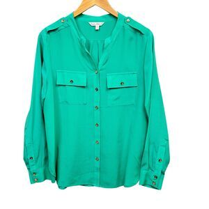TravelSmith Silk Blouse Size Small Green Long Sleeved Button Front Oversized
